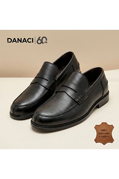 DANACI Erkek Hakiki Deri Siyah Bağcıksız Penny Loafer Klasik Ayakkabı