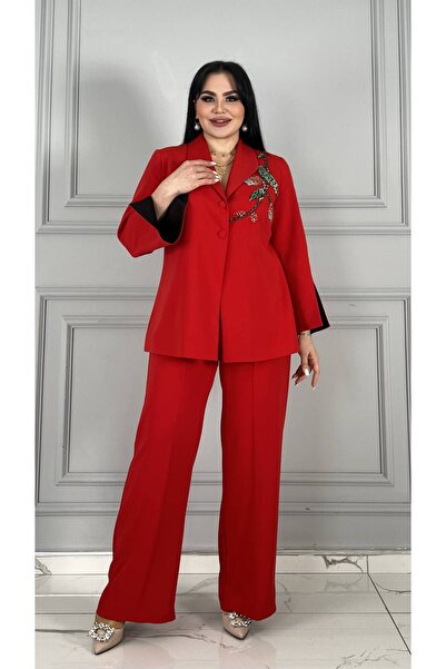 mardi exclusive Women's Plus Size Embroidered Blazer Jacket Pants Set Red