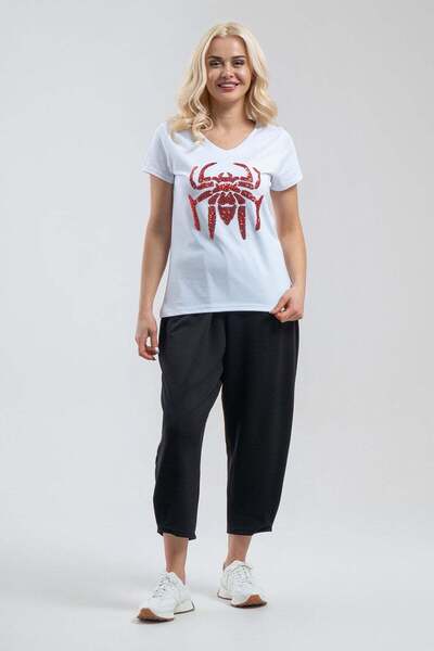 Bold & Young Tricou de damă alb cu paiete brodate cu model de păianjen, cu mânecă scurtă și decolteu în V