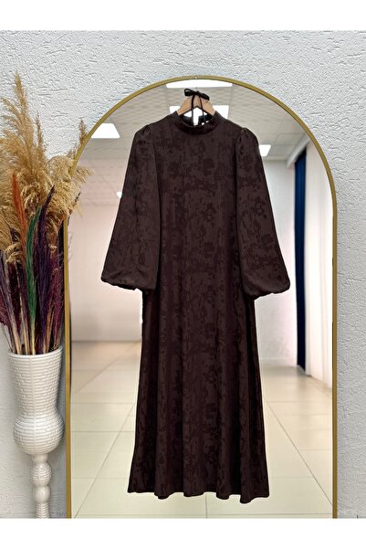 MİHRA STORE Κομψό Φόρεμα Ζακάρ με Μανίκια Μπαλόνια-PA9848 Καφέ
