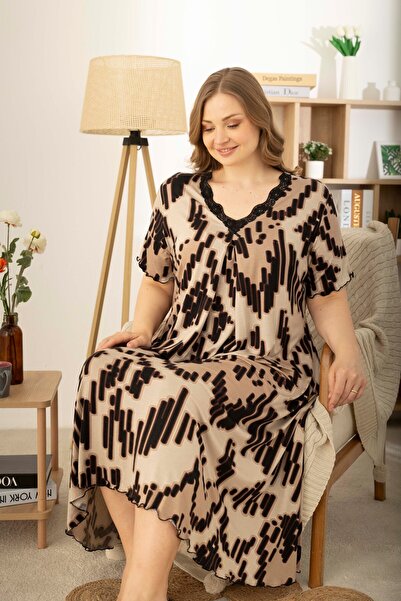 Mink/Brown Patterned Ring Viscose Short Sleeve Plus Size Dress