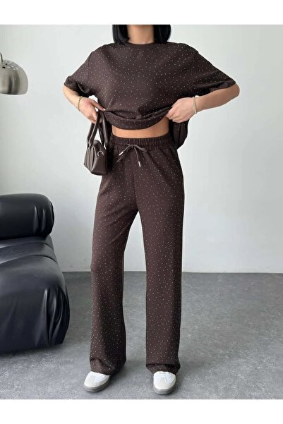 LOS FECHKA Γυναικείο Καφέ Γυαλιστερό Σετ με Πέτρινο Τύπωμα και Λεπτομέρεια στ...