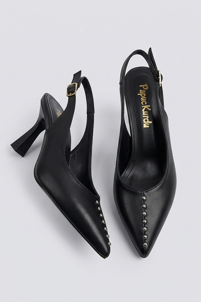 Papuckurdu Μαύρα σατέν γυναικεία παπούτσια με λεπτό τακούνι και μυτερή μύτη μ...