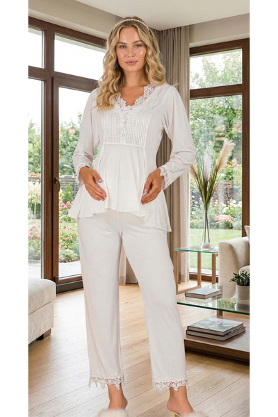 Lohusa Homewear New Season Ecru Maternity Stylish Lace Detailed Long Sleeve D...