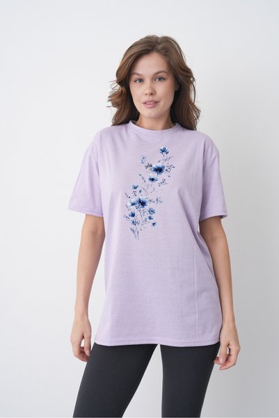 caddekombin Blue Floral Printed Women's Cotton Combed Lilac T-Shirt