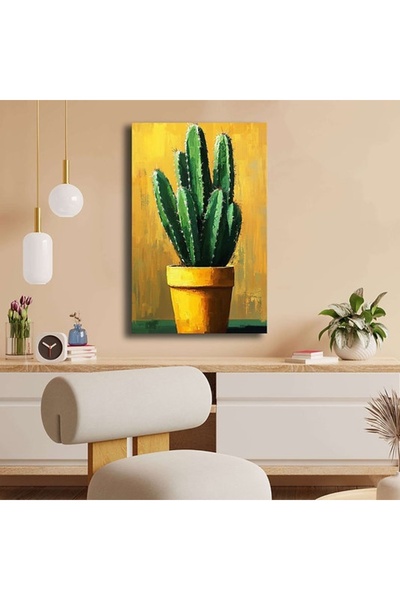 OEM Διακοσμητικός πίνακας Ρε-Μπλουμ, μοντέλο κάκτου, καμβάς/ξύλο, κίτρινο/πρά...