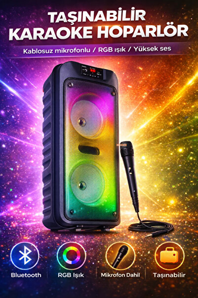 Omaze RGB LED Ultra Güçlü Karaoke Bluetooth Hoparlör Mikrofon Dahil Taşınabil...