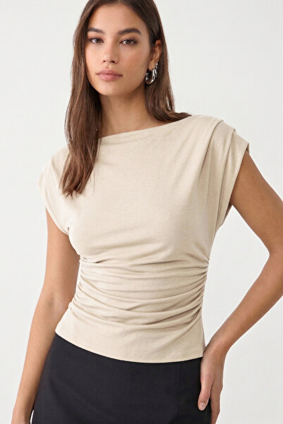 VODENS Μπεζ μπλούζα με ντραπέ λαιμόκοψη σκάφους, 97% βαμβάκι