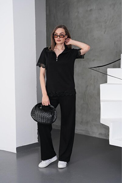 MODAMERSİ Γυναικείο Σετ με Λεπτομέρεια από Λευκή Δαντέλα και Μισό Φερμουάρ