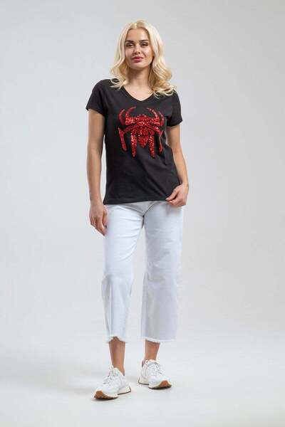 Bold & Young Tricou de damă negru, cu mânecă scurtă, cu decolteu în V, cu paiete brodate și model de păianjen