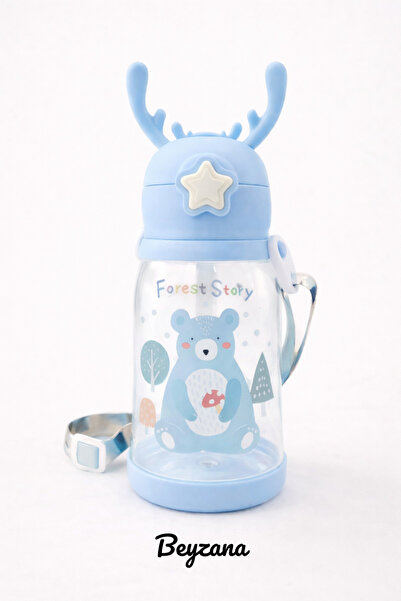 BEYZANA Mavi Geyikli Su Matarası & Pipetli Su Matarası - 500 Ml