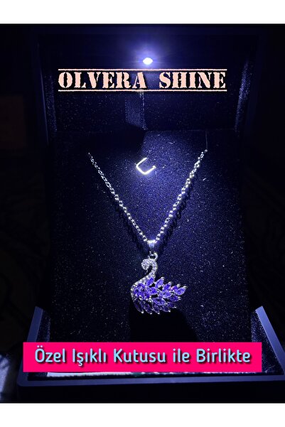 olvera shine Işıklı Kutulu Mor Kuğulu Swan Kolye Silver