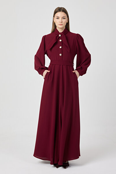 VAVİNOR Scarf Collar Belted Dress - Burgundy