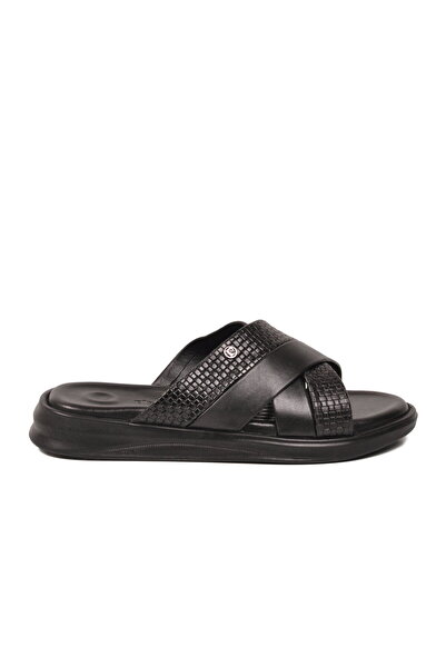 Pierre Cardin Μαύρες ανδρικές παντόφλες από γνήσιο δέρμα PC-7336 M