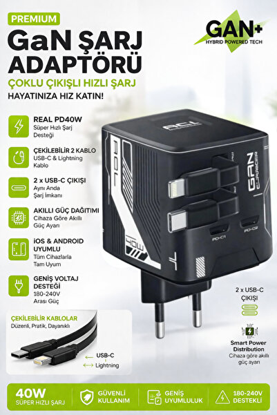 CROW'S TECH GaN PD Hızlı Şarj Adaptörü 40W Lightning Kablolu Hızlı Şarj Çoklu...