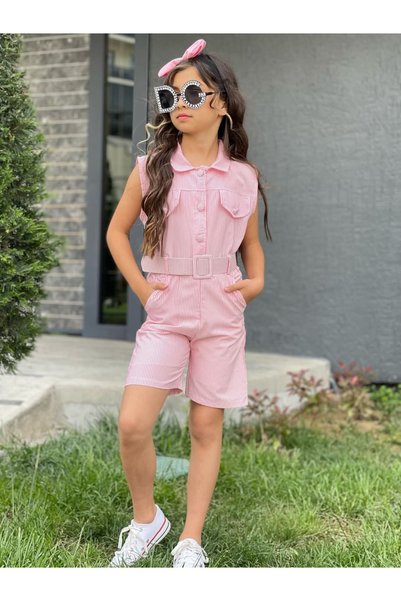 Yağmurun Butiği Sweet Pink Stripe Patterned Belted Jumpsuit Set