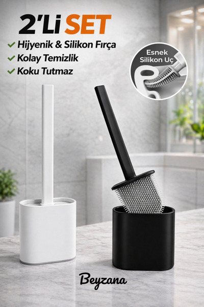 BEYZANA 2’li Set Beyaz ve Siyah Renk Silikon Tuvalet Fırçası & Silikon Wc Klo...