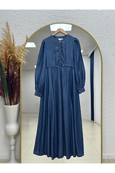 MİHRA STORE Τζιν φόρεμα Zekiye με μισό φερμουάρ και στενή μέση-PA9460 Χρώμα τζιν
