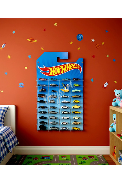 Saule Hotwheels temalı 40 arabalık duvar rafı kartonet gorunumlu 1/64 araba D...