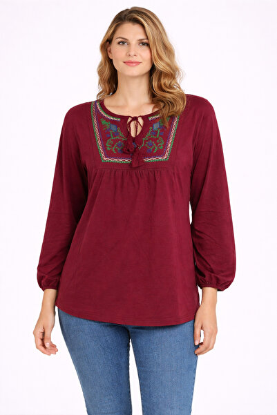 Şans Γυναικεία Μπλούζα Μεγάλου Μεγέθους Βουργουνδίας, με Λεπτομέρεια Κεντήματ...