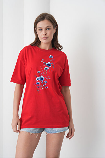 caddekombin Γυναικείο βαμβακερό χτενισμένο κόκκινο μπλουζάκι με στάμπα μπλε λ...