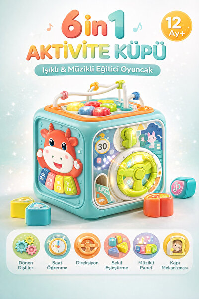 YILDIRIM OYUNCAK Işıklı ve Müzikli 6in1 Aktivite Küpü 16cm – Eğitici Zeka Gel...