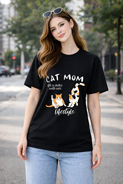 FANA تي شيرت نسائي مطبوع عليه Cat Mom - تي شيرت مصنوع من القطن بنسبة 100% بقص...