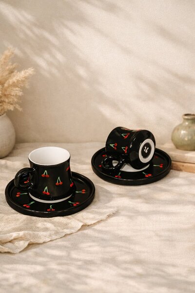PAYİDAR MODEL Cherry Embossed Black 2-Piece Cup Set