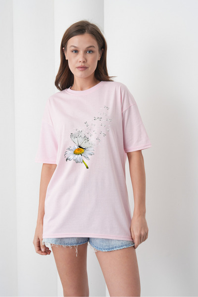 caddekombin Γυναικείο βαμβακερό ροζ μπλουζάκι με στάμπα λευκής μαργαρίτας