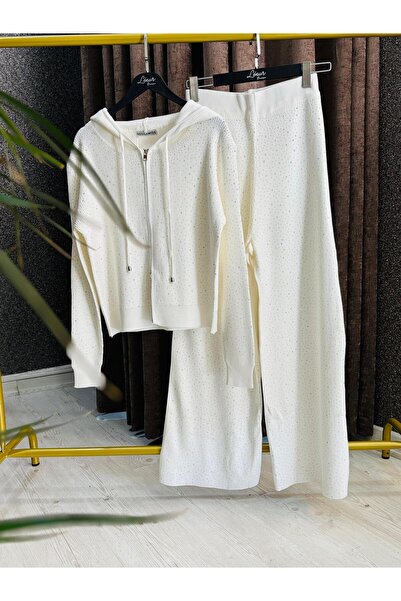 Lenur Boutique , İthal Taşlı Premium Triko Eşofman Takım Siyah/Beyaz