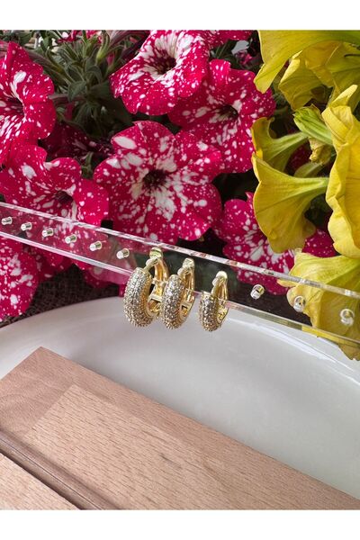 Tasarım Gold 3'lü Zirkon Taşlı Küpe
