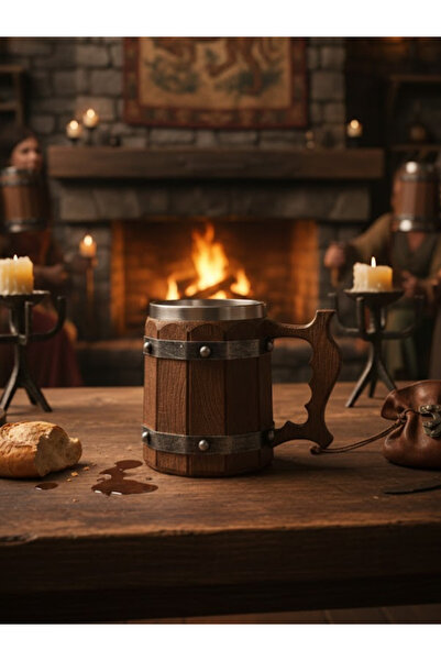 dase home Barrel-Shaped Steel Mug with a Wood-Like Appearance, Stainless Stee...