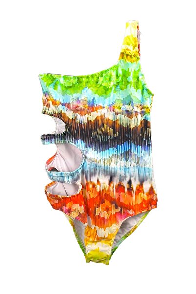LOOK ME Multi-Colored Abstract Figured Asymmetrical Cut Girls' Swimsuit with ...