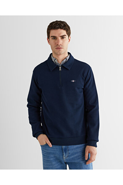 Gant Erkek Mavi Regular Fit Yarım Fermuarlı Logolu Sweatshirt
