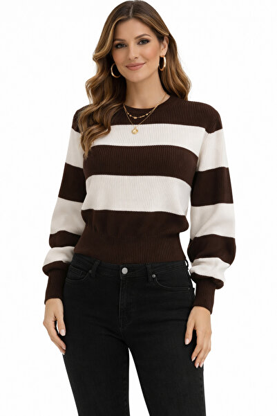 Trend Mixs Striped Knitwear Sweater Brown Ecru Long Sleeve Crew Neck Soft Tex...