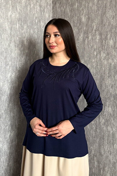 ModaPlaza Γυναικεία Μπλούζα Μακρυμάνικη με Κέντημα και Πέτρες, Μεγάλο Μέγεθος...