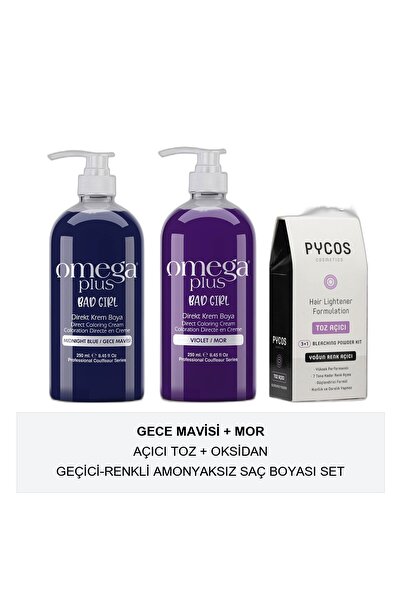 Omega Plus Gece Mavisi + Mor Açıcı Toz + Oksidan Geçici-renkli Amonyaksız Saç...