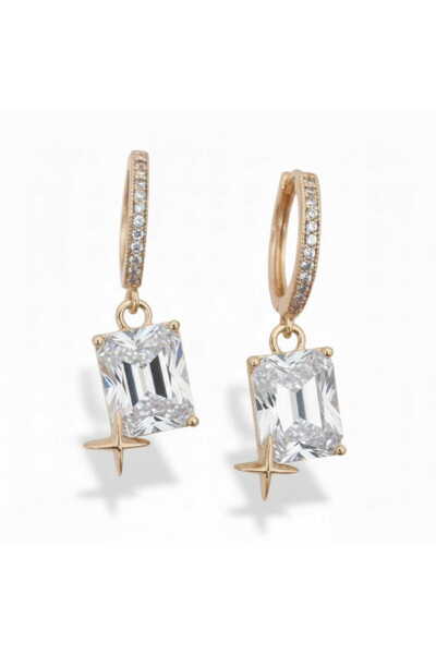 toptanhanem Luxury Design Square Baguette Stone Star Dangle Steel Earrings