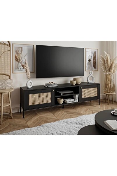 Simy Siyah Modern TV Ünitesi – Raflı, Kapaklı, Şık Tasarım