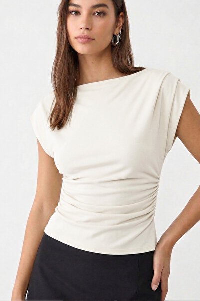 VODENS Λευκή Μπλούζα με Ντραπέ Λαιμόκοψη 97% Βαμβάκι