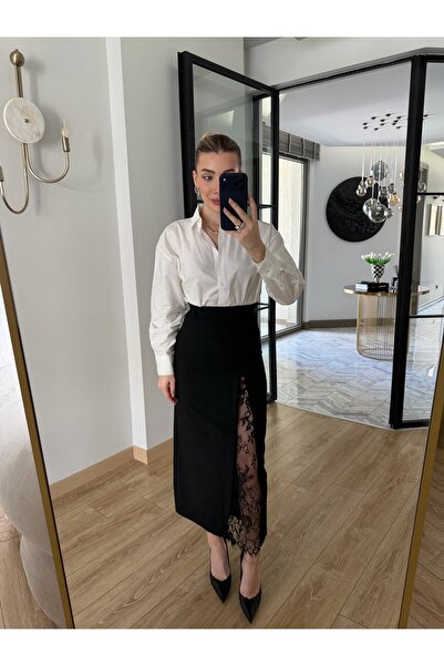 CKBUTİK Μαύρη δαντελένια φούστα με σκίσιμο-1017