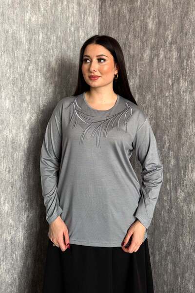 ModaPlaza Γυναικεία Μπλούζα Μακρυμάνικη με Κέντημα και Πέτρες, Μεγάλο Μέγεθος...