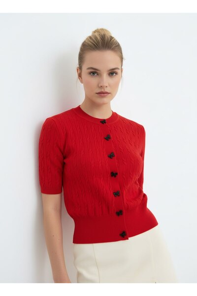 Noi Belis Crew Neck Knit Detailed Short Sleeve Knitwear Cardigan Ss26Hi0007