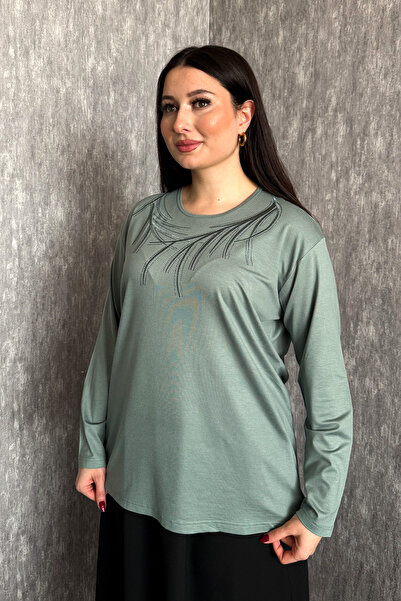 ModaPlaza Γυναικεία Μπλούζα Μακρυμάνικη με Κέντημα και Πέτρες, Μεγάλο Μέγεθος...