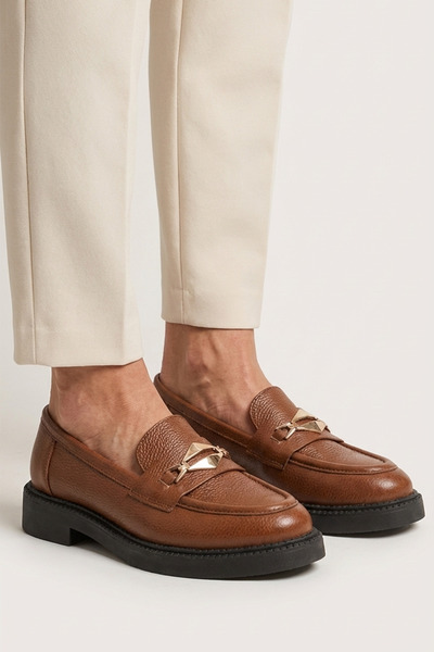 GRADA Γνήσια εμπριμέ δερμάτινα γυναικεία παπούτσια loafer με χρυσή μεταλλική ...