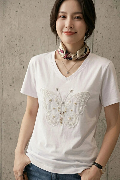 bysoca Γυναικείο λευκό μπλουζάκι με λαιμόκοψη V, κοντό μανίκι, βαμβακερό, με ...