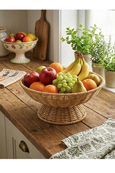 Ahşap Evi Yuvarlak 29 Cm Ayaklı Meyvelil Dekoratif Hasır sunumluk