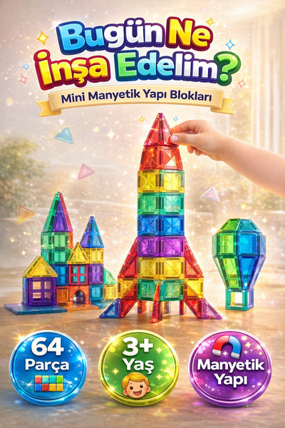 DENAPCAL Manyetik Yapı Blokları Mini 64 Parça Mıknatıslı Bloklar 3+ Yaş Eğiti...