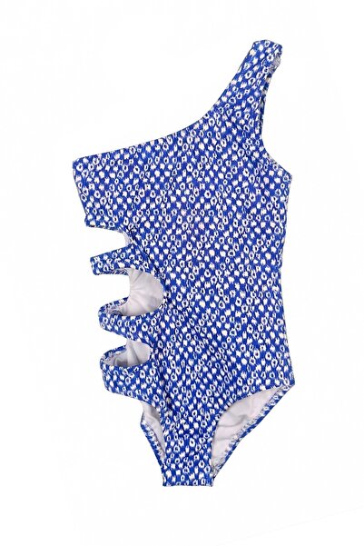 LOOK ME Geometric Figured Asymmetrical Cut Girls' Swimsuit with Triple Window...