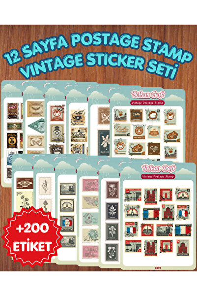 ikostore Postage Stamp Posta Pulu Vintage Sticker Seti 12 Sayfa +200 Etiket